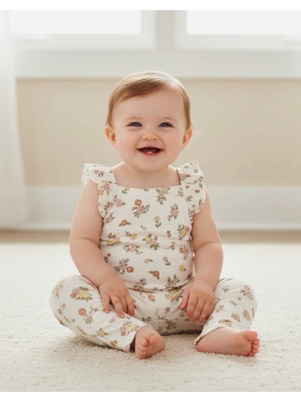 Baby Girls Cream Floral Ruffle-Strap Romper